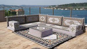 Gray L Shaped Pallet Cushions, Arabic Floor Sofa Set, Oriental Floor Seating, Sectional Floor Cushion, Indoor Floor Pillows
