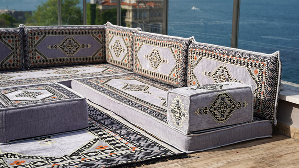 Gray L Shaped Pallet Cushions, Arabic Floor Sofa Set, Oriental Floor Seating, Sectional Floor Cushion, Indoor Floor Pillows
