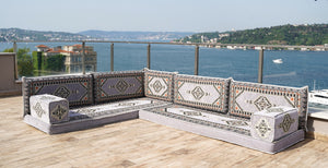 Gray L Shaped Pallet Cushions, Arabic Floor Sofa Set, Oriental Floor Seating, Sectional Floor Cushion, Indoor Floor Pillows