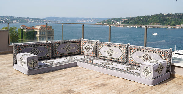 Gray L Shaped Pallet Cushions, Arabic Floor Sofa Set, Oriental Floor Seating, Sectional Floor Cushion, Indoor Floor Pillows