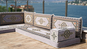 Gray L Shaped Pallet Cushions, Arabic Floor Sofa Set, Oriental Floor Seating, Sectional Floor Cushion, Indoor Floor Pillows
