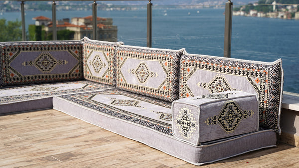 Gray L Shaped Pallet Cushions, Arabic Floor Sofa Set, Oriental Floor Seating, Sectional Floor Cushion, Indoor Floor Pillows