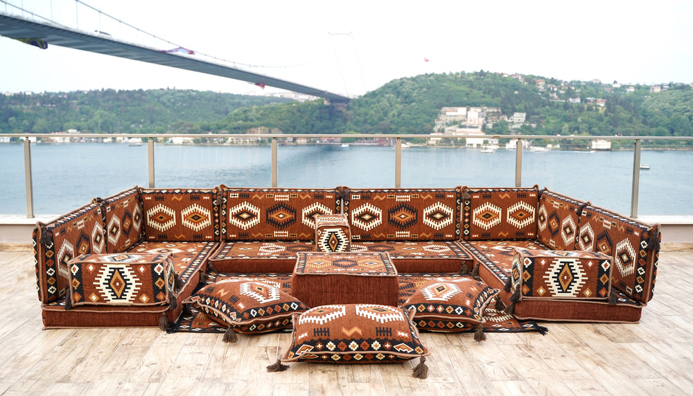 Brown U Shaped Arabic Sofa Set, Handmade Livingroom Floor Sofas, Arabic Seating Floor Sofa, Moroccan Livingroom Home Decor
