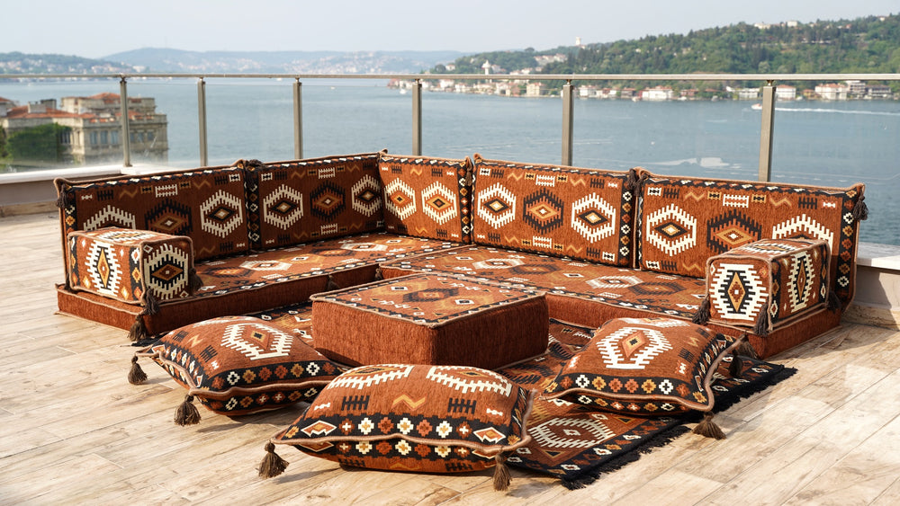 Brown Moroccan Livingroom Cushions, 4" Thick Corner Floor Seating Set, L Shaped Floor Couch