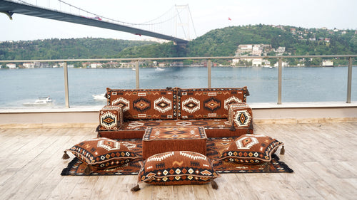 Brown Traditional Arabic Majlis, Oriental Cushion, Moroccan Sofa with Ottoman Couch and Rug, Ethnic Floor Cushion