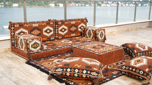 Brown Traditional Arabic Majlis, Oriental Cushion, Moroccan Sofa with Ottoman Couch and Rug, Ethnic Floor Cushion