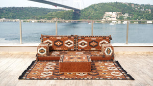 Brown Traditional Arabic Majlis, Oriental Cushion, Moroccan Sofa with Ottoman Couch and Rug, Ethnic Floor Cushion
