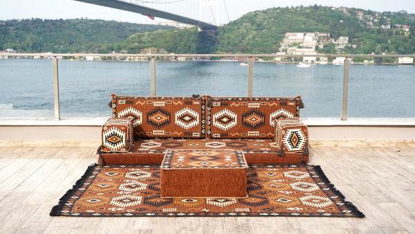 Brown Traditional Arabic Majlis, Oriental Cushion, Moroccan Sofa with Ottoman Couch and Rug, Ethnic Floor Cushion