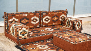 Brown Traditional Arabic Majlis, Oriental Cushion, Moroccan Sofa with Ottoman Couch and Rug, Ethnic Floor Cushion