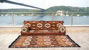 Brown Traditional Arabic Majlis, Oriental Cushion, Moroccan Sofa with Ottoman Couch and Rug, Ethnic Floor Cushion