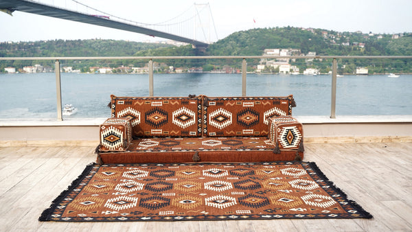 Brown Traditional Arabic Majlis, Oriental Cushion, Moroccan Sofa with Ottoman Couch and Rug, Ethnic Floor Cushion