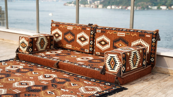Brown Traditional Arabic Majlis, Oriental Cushion, Moroccan Sofa with Ottoman Couch and Rug, Ethnic Floor Cushion