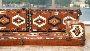 Brown Traditional Arabic Majlis, Oriental Cushion, Moroccan Sofa with Ottoman Couch and Rug, Ethnic Floor Cushion