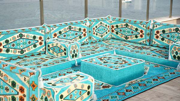 Sectional Floor Cushions, Arabic Majlis, U Shaped Arabic Sofa Set, Traditional Design Arabic Lounge Set, Arabic Jalsa