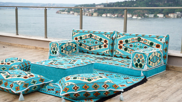 Light Blue Arabic Majlis, Arabic Floor Couch, Oriental Cushion, Moroccan Floor Seating Set, Moroccan Cushion, Ethnic Floor Sofa with Ottoman Couch and Rug
