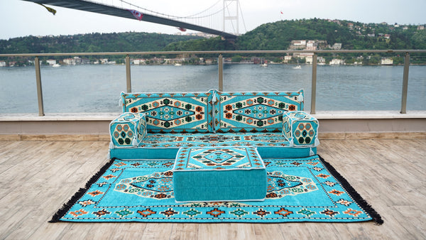 Light Blue Arabic Majlis, Arabic Floor Couch, Oriental Cushion, Moroccan Floor Seating Set, Moroccan Cushion, Ethnic Floor Sofa with Ottoman Couch and Rug