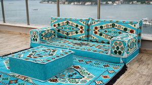 Light Blue Arabic Majlis, Arabic Floor Couch, Oriental Cushion, Moroccan Floor Seating Set, Moroccan Cushion, Ethnic Floor Sofa with Ottoman Couch and Rug