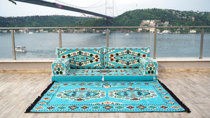 Light Blue Arabic Majlis, Arabic Floor Couch, Oriental Cushion, Moroccan Floor Seating Set, Moroccan Cushion, Ethnic Floor Sofa with Ottoman Couch and Rug