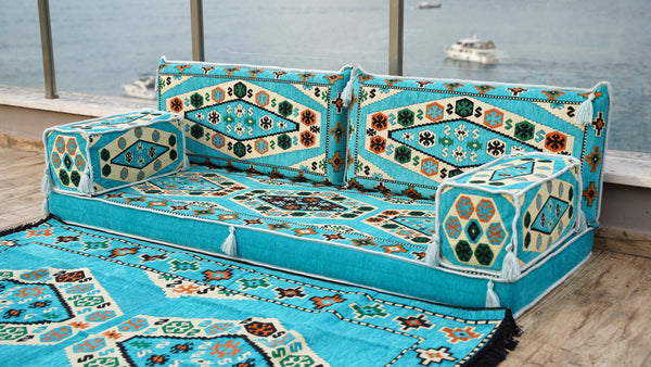 Light Blue Arabic Majlis, Arabic Floor Couch, Oriental Cushion, Moroccan Floor Seating Set, Moroccan Cushion, Ethnic Floor Sofa with Ottoman Couch and Rug