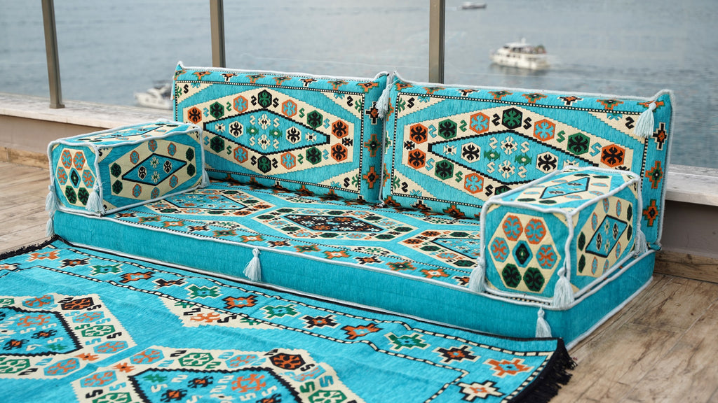 Light Blue Arabic Majlis, Arabic Floor Couch, Oriental Cushion, Morocc
