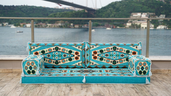 Light Blue Arabic Majlis, Arabic Floor Couch, Oriental Cushion, Moroccan Floor Seating Set, Moroccan Cushion, Ethnic Floor Sofa with Ottoman Couch and Rug