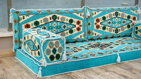 Light Blue Arabic Majlis, Arabic Floor Couch, Oriental Cushion, Moroccan Floor Seating Set, Moroccan Cushion, Ethnic Floor Sofa with Ottoman Couch and Rug