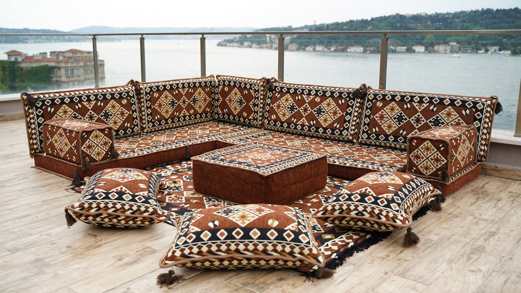 Brown Moroccan Home Decor Cushion, 4" Thickness Corner Floor Seating Set, L Shaped Floor Couch, Sectional Sofa Set