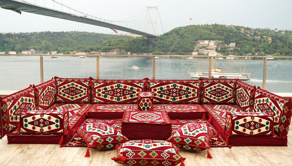 U Shaped Arabic Sofa Set, Terrace Pallet Sofa, Maroon Sectional Sofas, Floor Cushions, Arabic Majlis