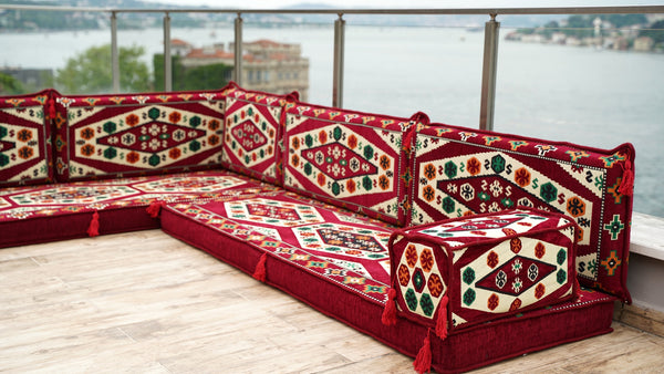 Maroon Floor Sofa Seating Set, Arabic Floor Sofa Set, Garden Sofas, Oriental Floor Seating, Floor Cushions, Floor Cocuhes