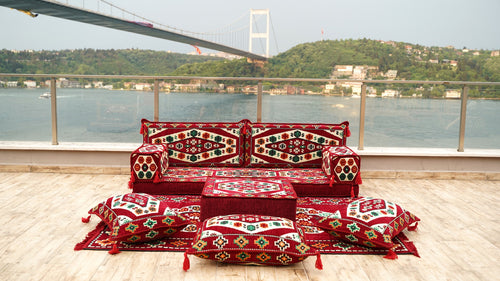 Maroon Futon Sofa Bed, Arabic Floor Sofa, Traditional Floor Couch Set, Sectional Sofas, Yoga Sofa with Ottoman Couch and Rug