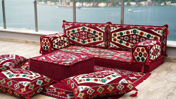 Maroon Futon Sofa Bed, Arabic Floor Sofa, Traditional Floor Couch Set, Sectional Sofas, Yoga Sofa with Ottoman Couch and Rug