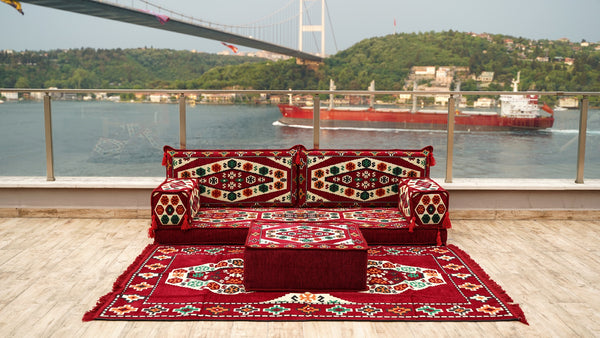 Maroon Futon Sofa Bed, Arabic Floor Sofa, Traditional Floor Couch Set, Sectional Sofas, Yoga Sofa with Ottoman Couch and Rug