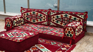Maroon Futon Sofa Bed, Arabic Floor Sofa, Traditional Floor Couch Set, Sectional Sofas, Yoga Sofa with Ottoman Couch and Rug