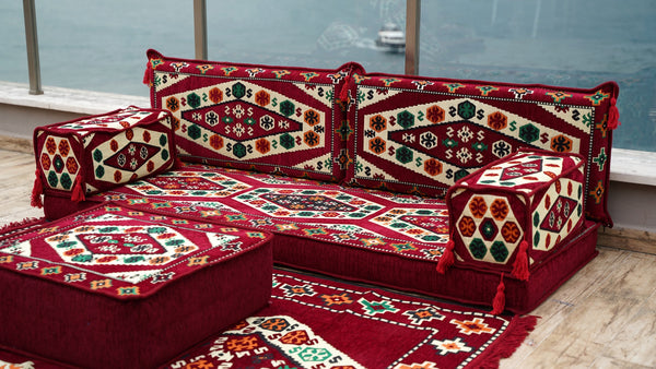 Maroon Futon Sofa Bed, Arabic Floor Sofa, Traditional Floor Couch Set, Sectional Sofas, Yoga Sofa with Ottoman Couch and Rug
