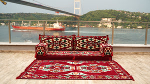 Maroon Futon Sofa Bed, Arabic Floor Sofa, Traditional Floor Couch Set, Sectional Sofas, Yoga Sofa with Ottoman Couch and Rug