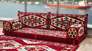 Maroon Futon Sofa Bed, Arabic Floor Sofa, Traditional Floor Couch Set, Sectional Sofas, Yoga Sofa with Ottoman Couch and Rug