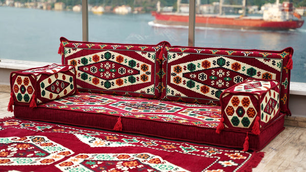 Maroon Futon Sofa Bed, Arabic Floor Sofa, Traditional Floor Couch Set, Sectional Sofas, Yoga Sofa with Ottoman Couch and Rug