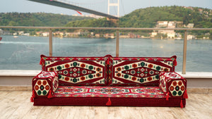 Maroon Futon Sofa Bed, Arabic Floor Sofa, Traditional Floor Couch Set, Sectional Sofas, Yoga Sofa with Ottoman Couch and Rug