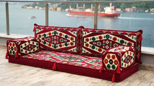 Maroon Futon Sofa Bed, Arabic Floor Sofa, Traditional Floor Couch Set, Sectional Sofas, Yoga Sofa with Ottoman Couch and Rug