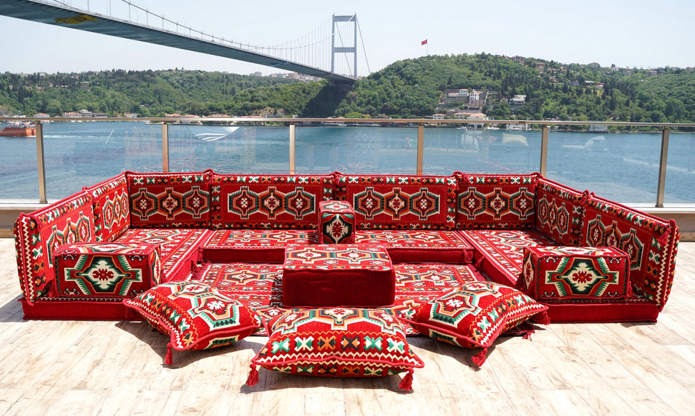 U Shaped Arabic Sofa Set, Red Floor Couch, Sectional Sofas, Arabic Majlis, Turkish Rug, Couch Covers, Sofa Bed