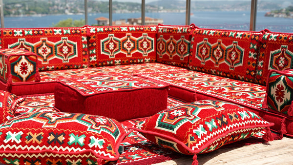 Red Oriental Sofas, Balcony Sofas, Terrace Sofa, Arabic Jalsah, Arabic Majlis Floor Sofas, Floor Couch, Bench Cushion