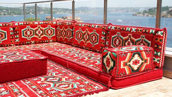 Red Oriental Sofas, Balcony Sofas, Terrace Sofa, Arabic Jalsah, Arabic Majlis Floor Sofas, Floor Couch, Bench Cushion