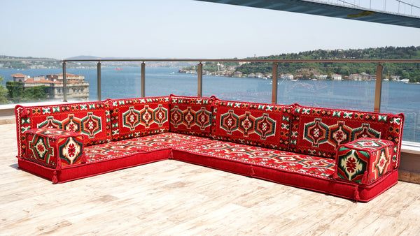 Red Oriental Sofas, Balcony Sofas, Terrace Sofa, Arabic Jalsah, Arabic Majlis Floor Sofas, Floor Couch, Bench Cushion