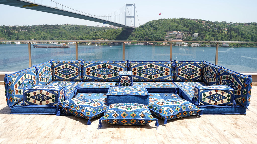 U Shaped Royal Blue Arabic Floor Sofa Set, Floor Cushions, Balcony Patio Sofas, Terrace Sofa, Ethnic Sofa, Moroccan Sofas, Sectional Sofas
