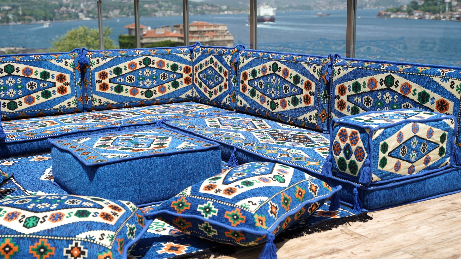 Blue Arabic Sofa, Bohemian Pallet Sectional Sofas, L Sofa Sets, Pallet Sofas, Bohemian Sectionals, Floor Cushions