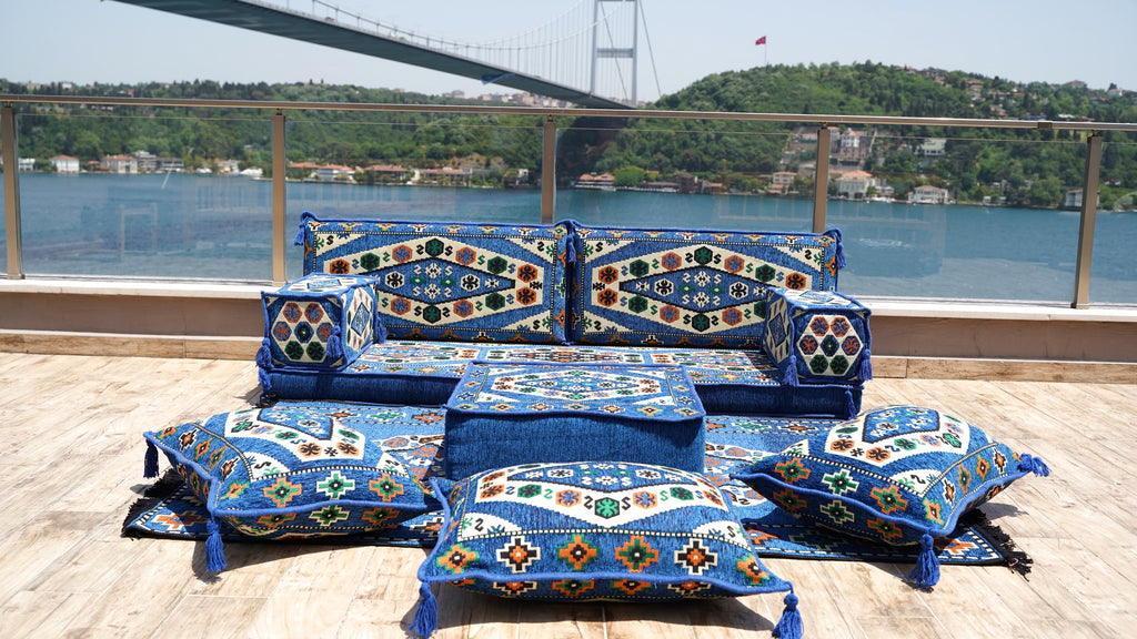 Blue Arabic Majlis, Arabic Floor Couch, Oriental Sofa with Ottoman Couch and Rug, 8" Thickness Moroccan Floor Seating Set, Moroccan Cushion