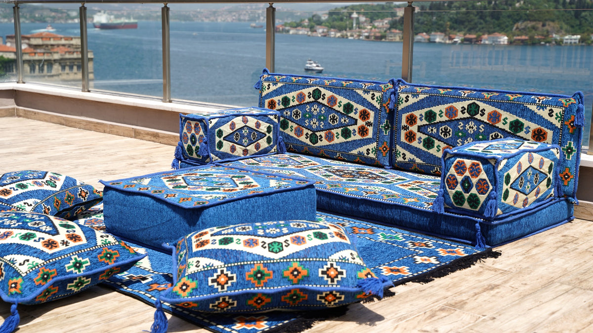 Blue Arabic Majlis, Arabic Floor Couch, Oriental Sofa with Ottoman Cou