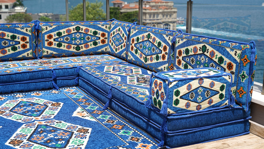 8 Thickness Floor Couches, Blue Arabic Floor Sofa Seating Set