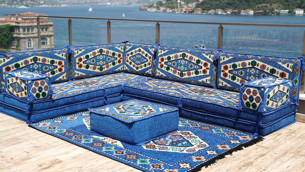 8 Thickness Floor Couches, Blue Arabic Floor Sofa Seating Set