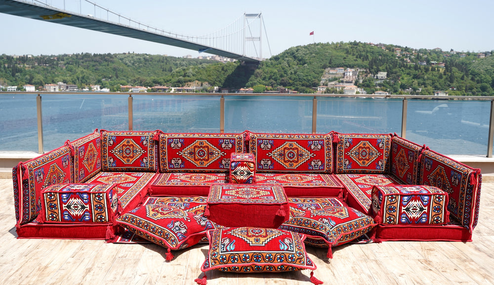 U Shaped Red Floor Cushions, Arabic Majlis Set, Floor Sofa Set, Pallet Sofa, Ethnic Sofa,Arabic Jalsa, Moroccan Sofas
